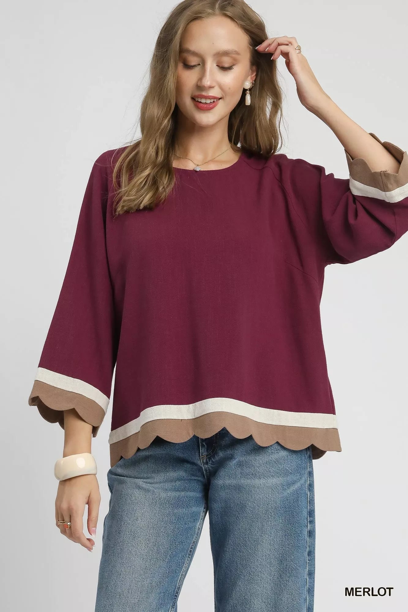 Umgee Scalloped Hem Color Block Top - Jennie Dots