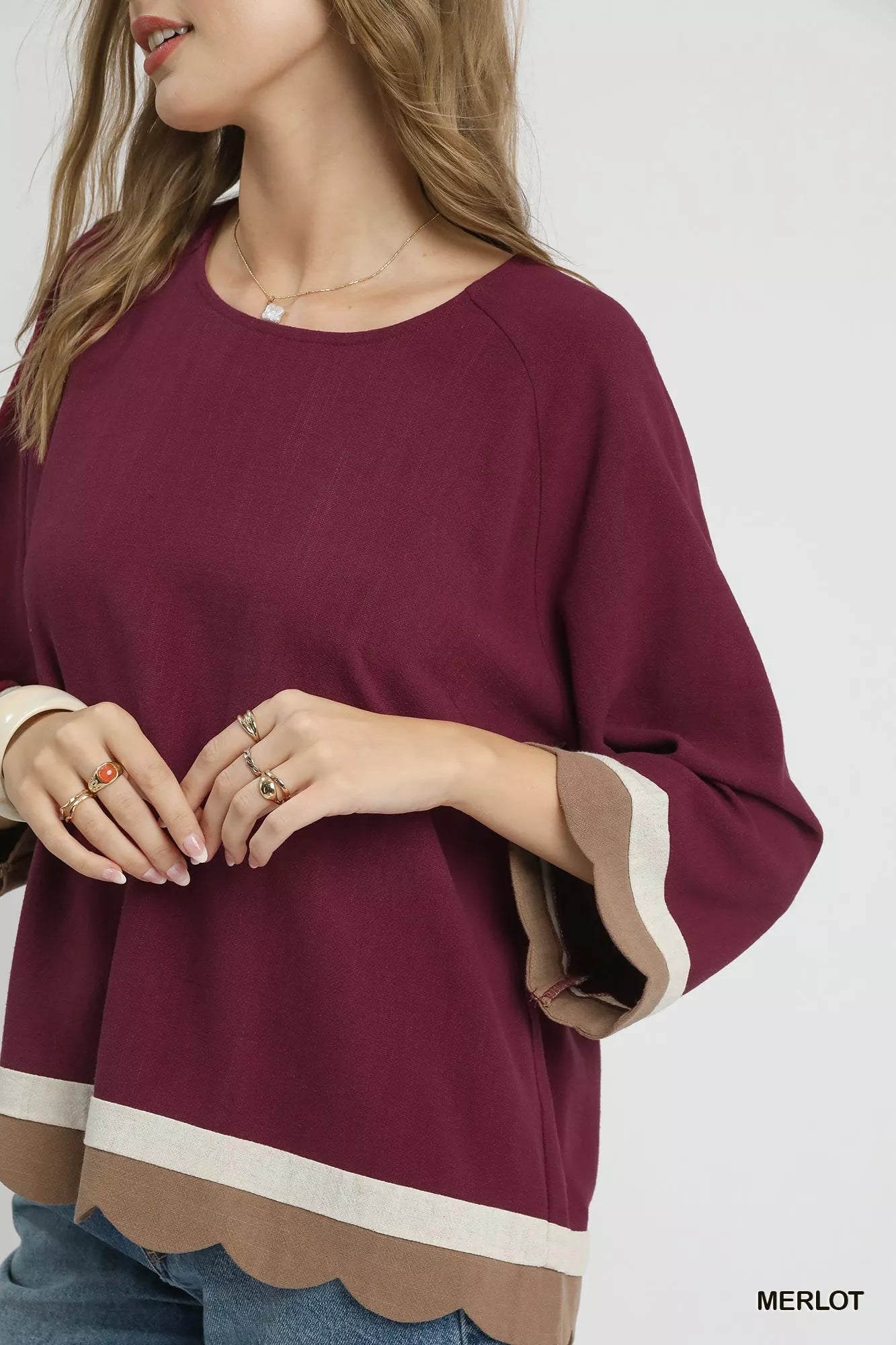 Umgee Scalloped Hem Color Block Top - Jennie Dots