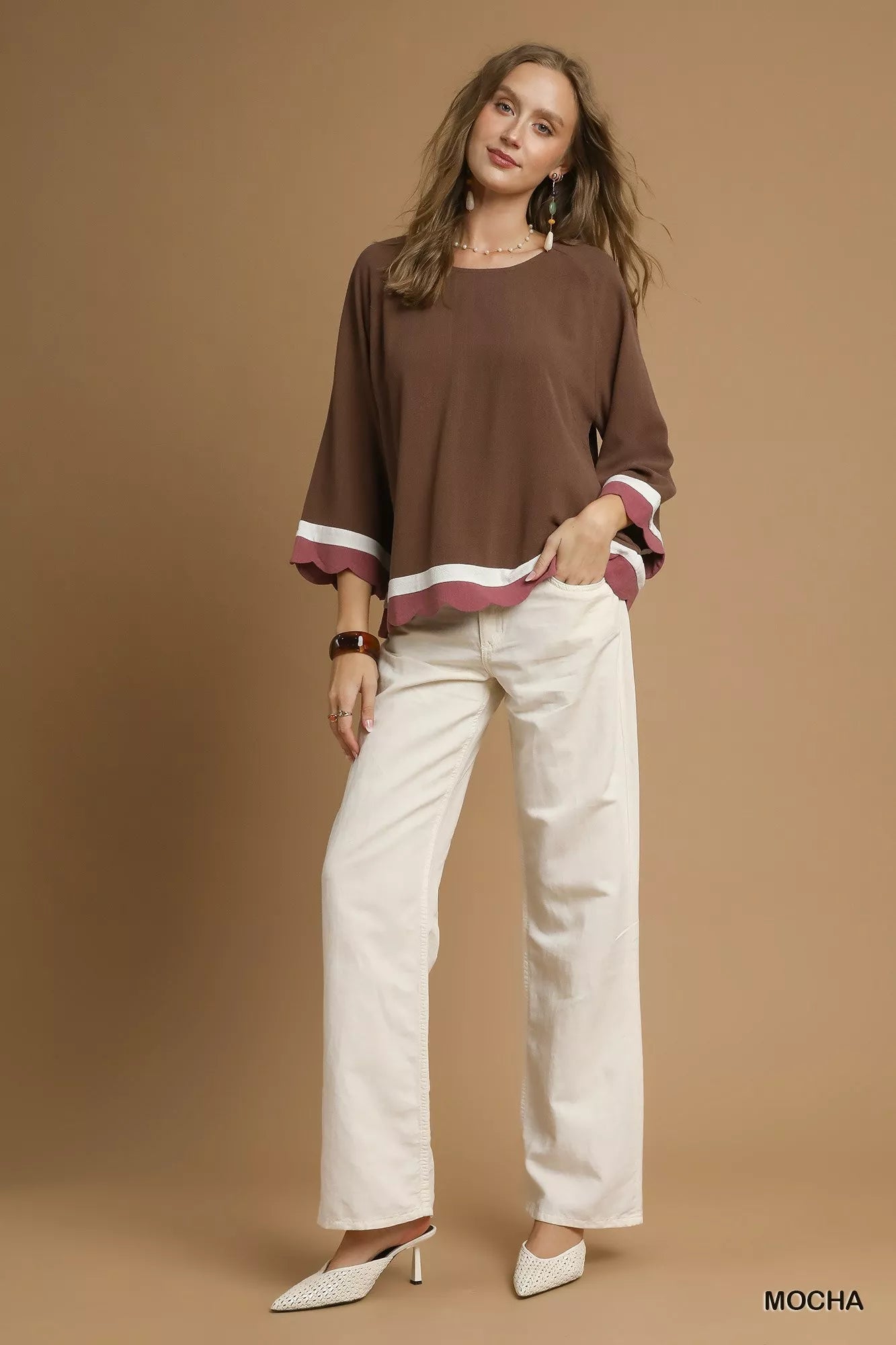 Umgee Scalloped Hem Color Block Top - Jennie Dots