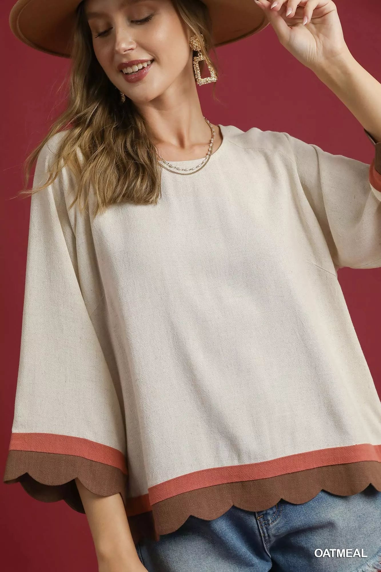 Umgee Scalloped Hem Color Block Top - Jennie Dots
