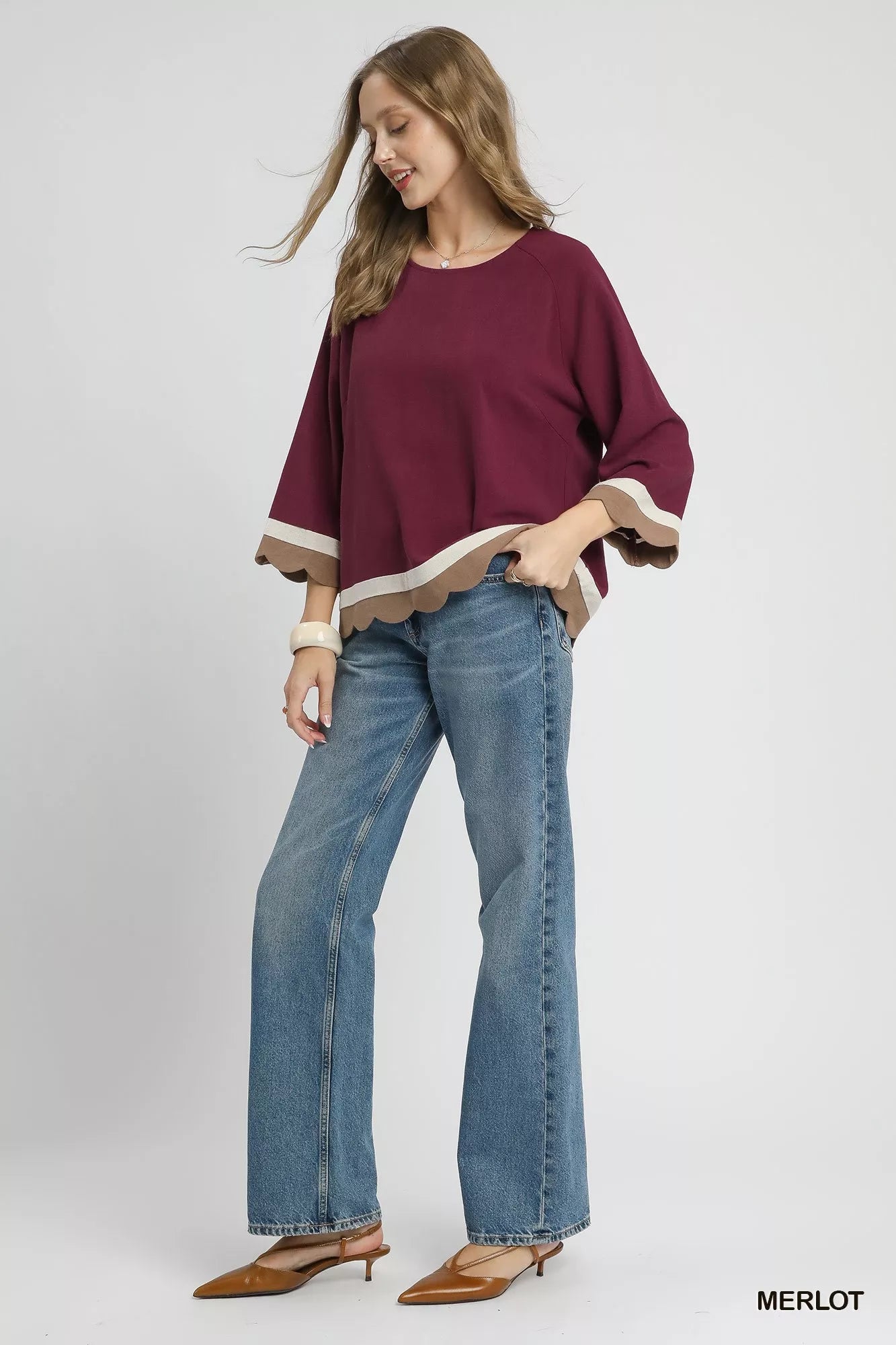 Umgee Scalloped Hem Color Block Top - Jennie Dots