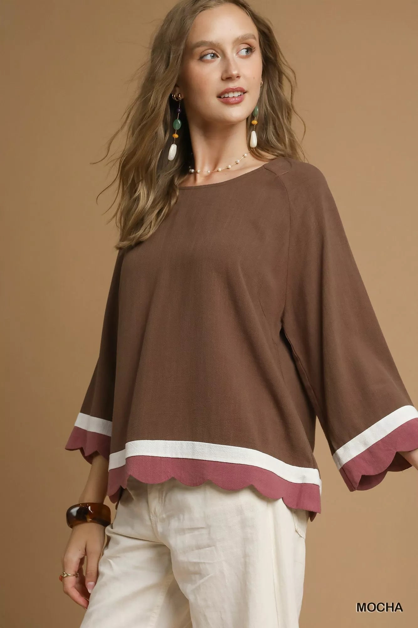 Umgee Scalloped Hem Color Block Top - Jennie Dots