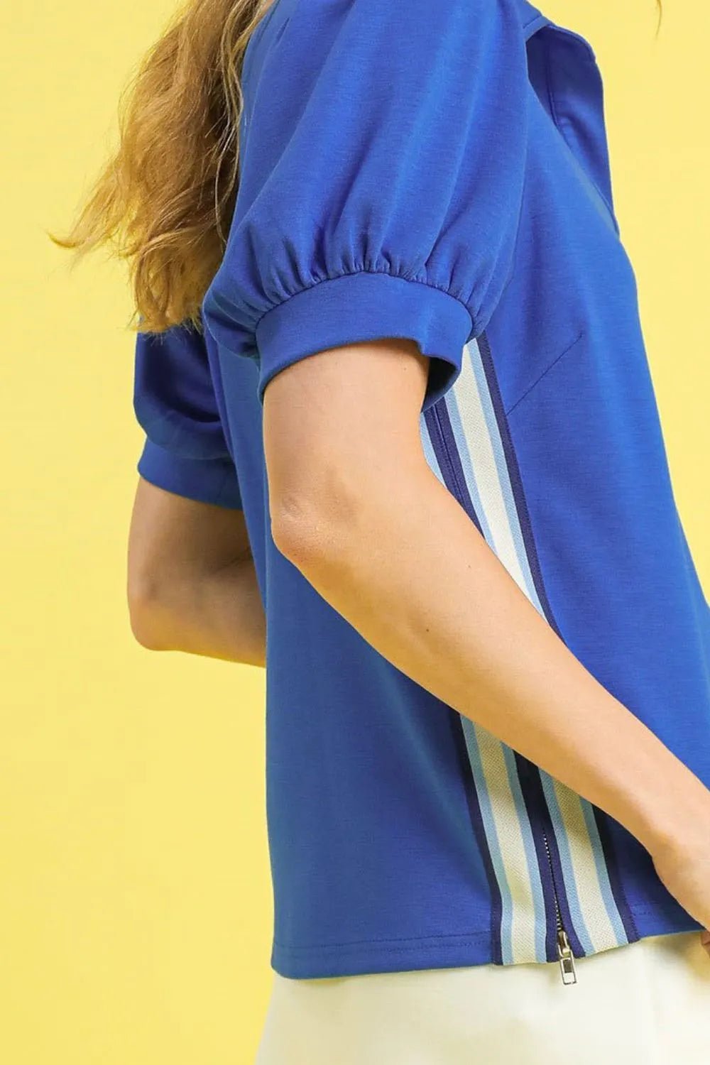 Umgee Side Zip Striped Puff Sleeve Polo - Jennie Dots
