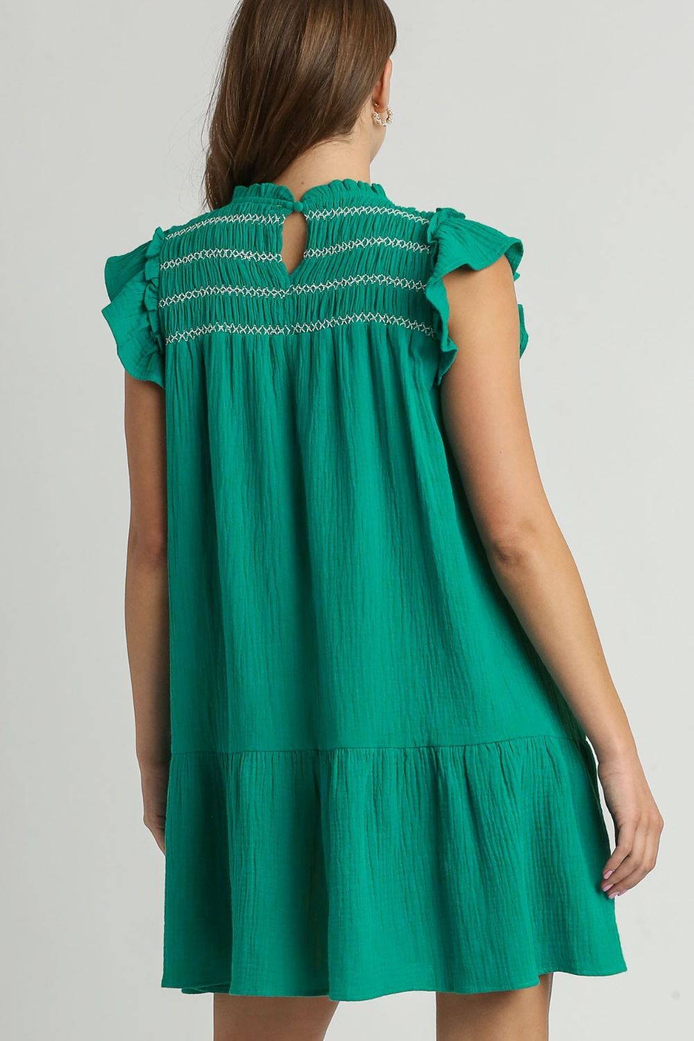 Umgee Smocked Contrast Stitching Ruffle Cap Sleeve Round Neck Dress - Jennie Dots