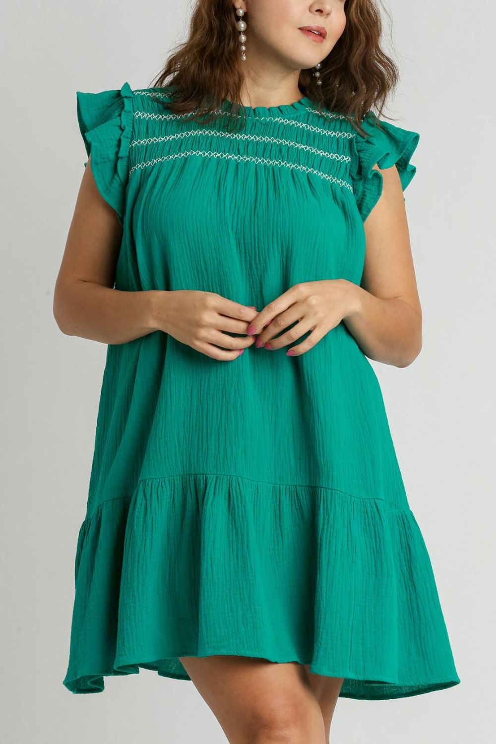 Umgee Smocked Contrast Stitching Ruffle Cap Sleeve Round Neck Dress - Jennie Dots