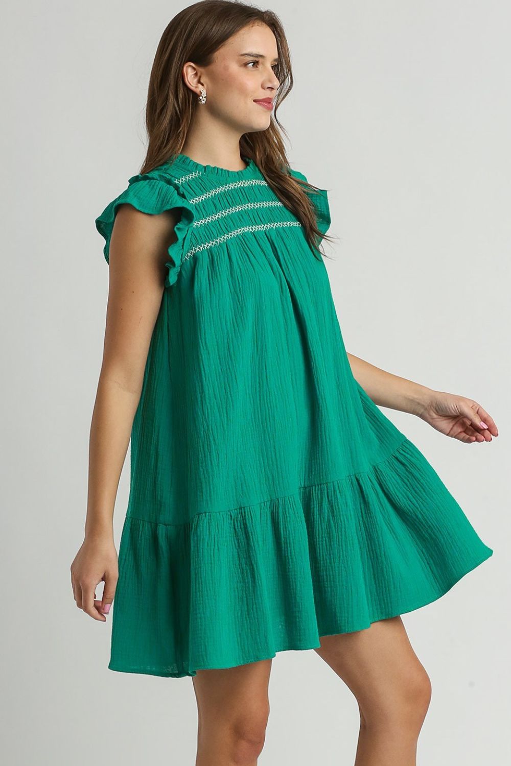 Umgee Smocked Contrast Stitching Ruffle Cap Sleeve Round Neck Dress - Jennie Dots
