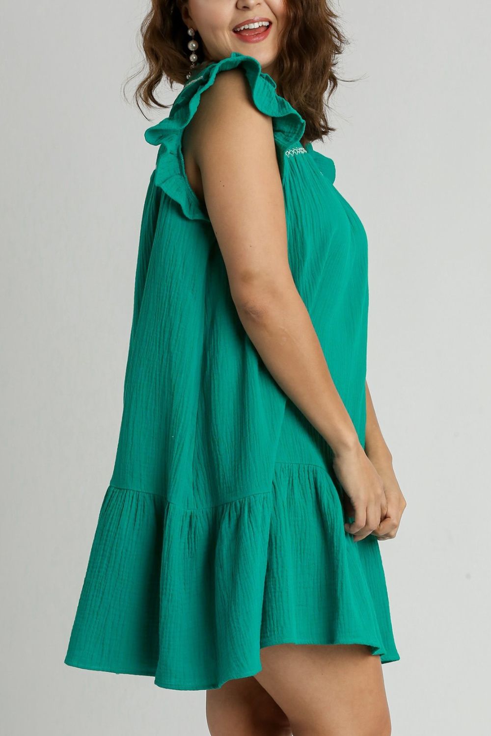 Umgee Smocked Contrast Stitching Ruffle Cap Sleeve Round Neck Dress - Jennie Dots