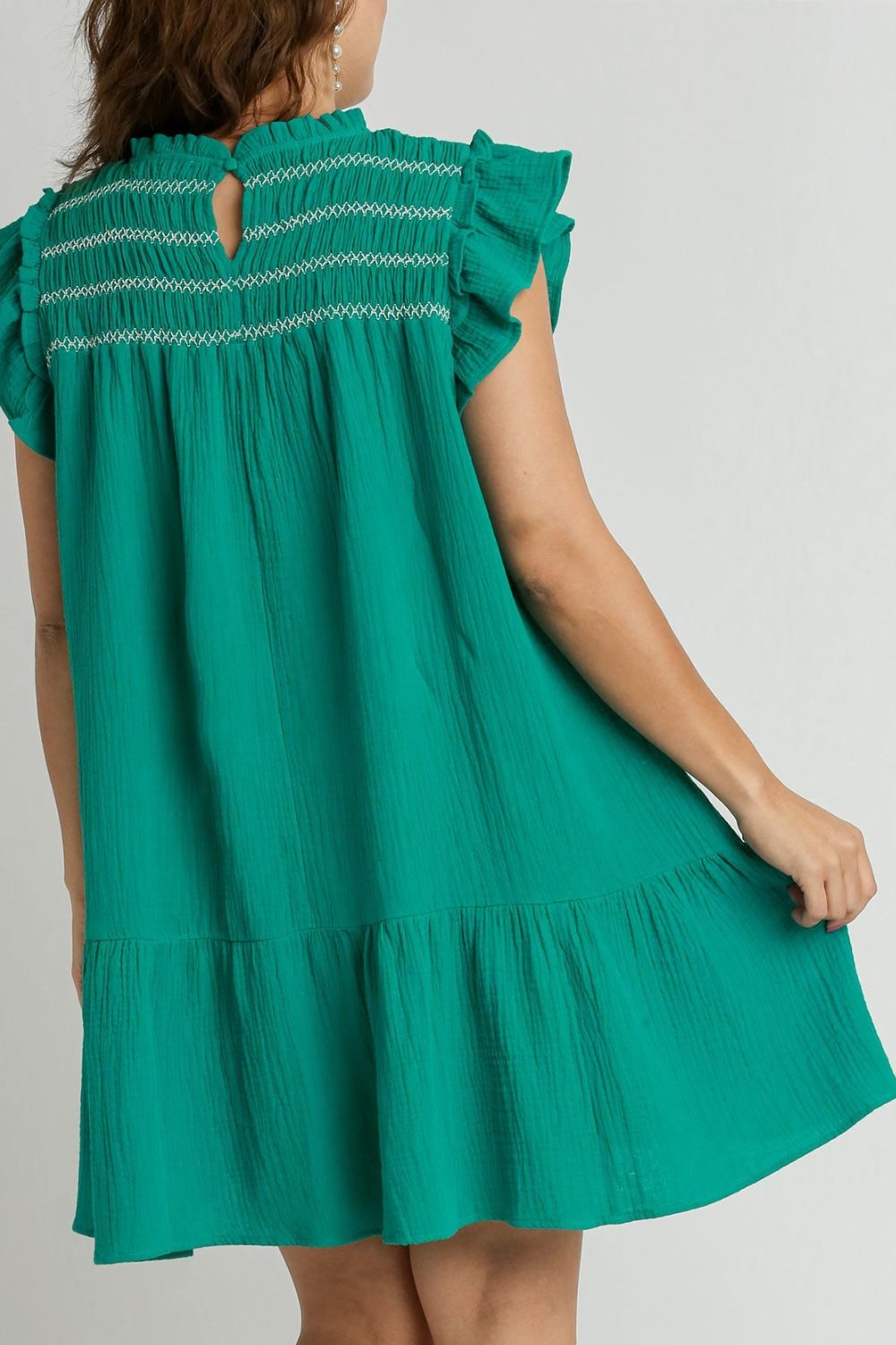 Umgee Smocked Contrast Stitching Ruffle Cap Sleeve Round Neck Dress - Jennie Dots