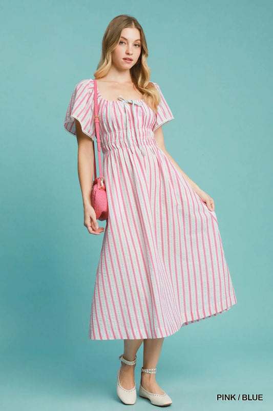 Umgee Smocked Striped Short Sleeve Midi Dress - Jennie Dots