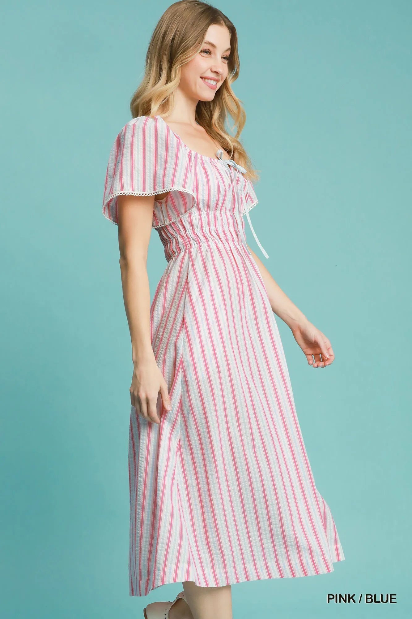 Umgee Smocked Striped Short Sleeve Midi Dress - Jennie Dots