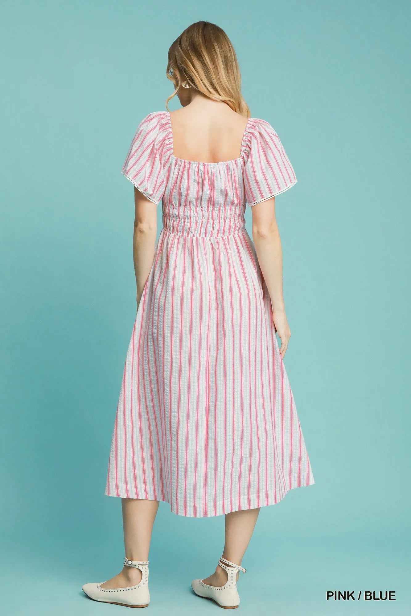 Umgee Smocked Striped Short Sleeve Midi Dress - Jennie Dots