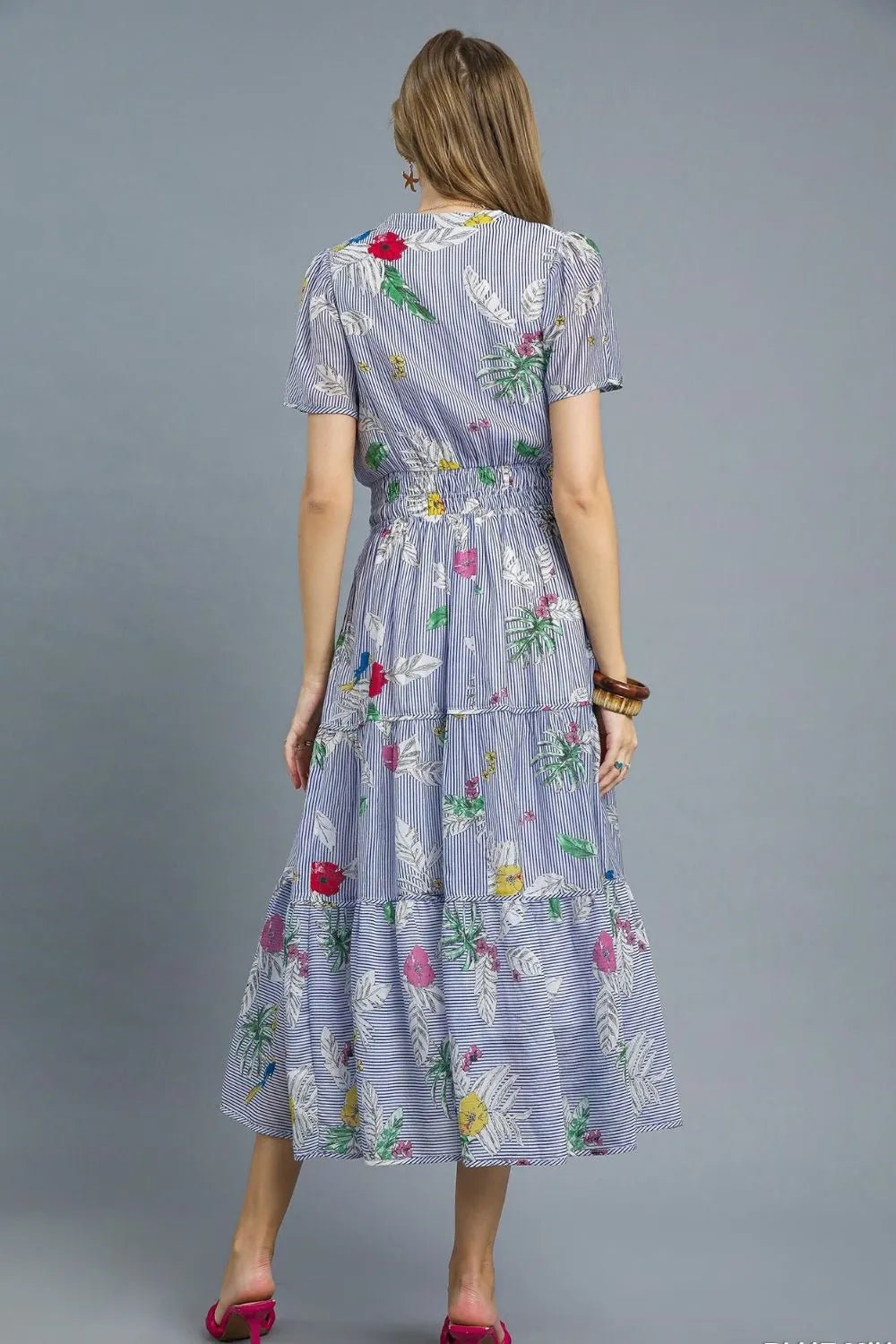 Umgee Smocked Waist Floral Short Sleeve Midi Dress - Jennie Dots
