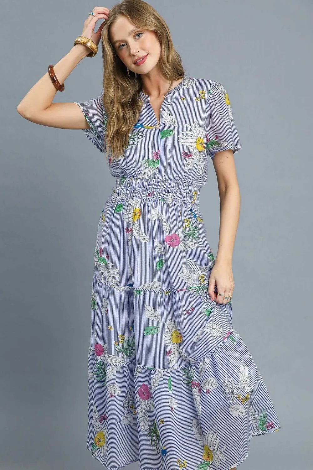 Umgee Smocked Waist Floral Short Sleeve Midi Dress - Jennie Dots