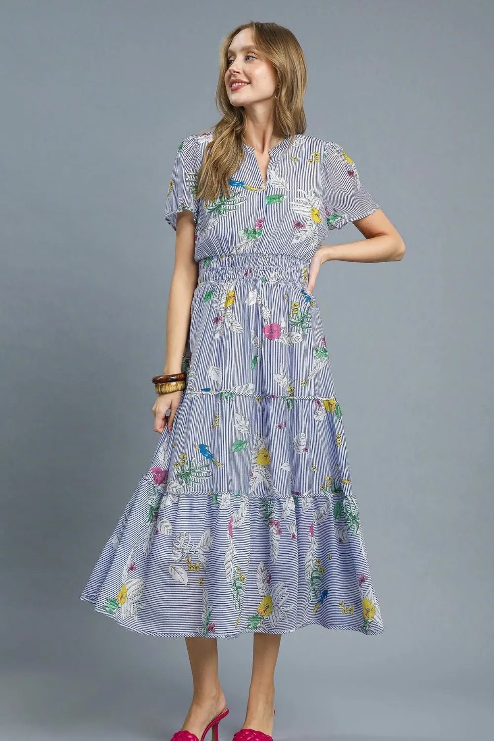 Umgee Smocked Waist Floral Short Sleeve Midi Dress - Jennie Dots