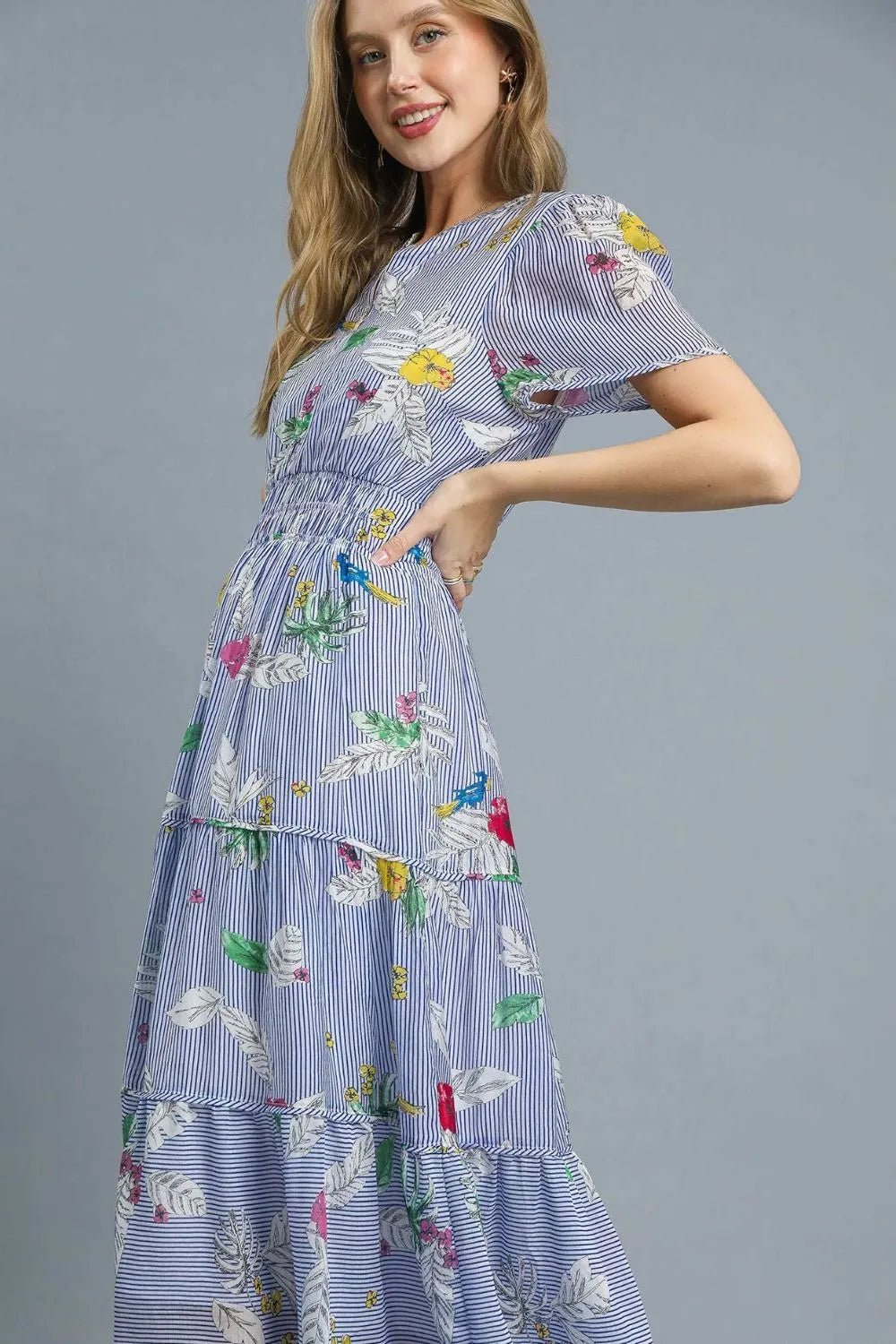 Umgee Smocked Waist Floral Short Sleeve Midi Dress - Jennie Dots