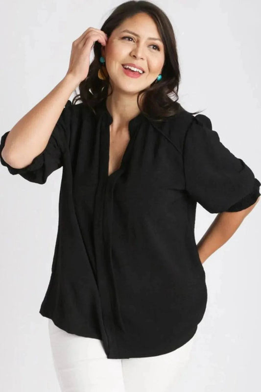 Umgee Split Neck Boxy Cut Top with Piping, black, ruffled style, comfortable fit, slightly stretchy.