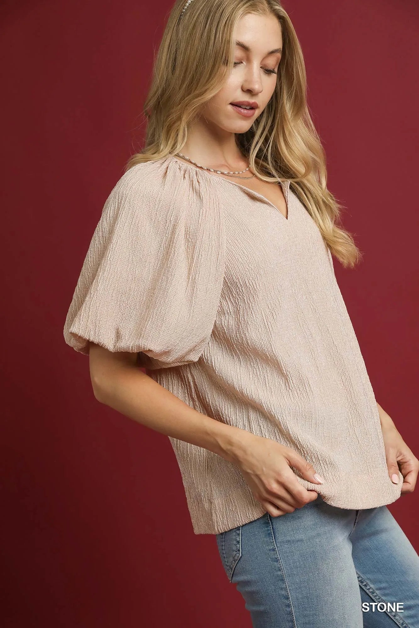 Umgee Texture Puff Sleeve Notched Blouse - Jennie Dots