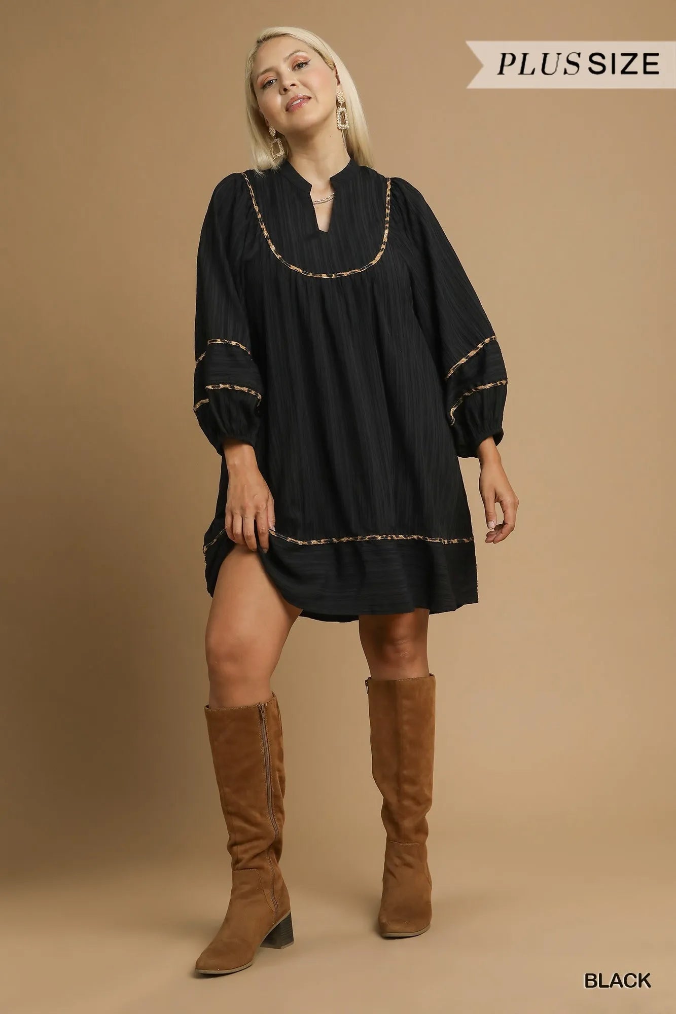 Umgee Textured Babydoll Dress with Leopard Trim - Jennie Dots