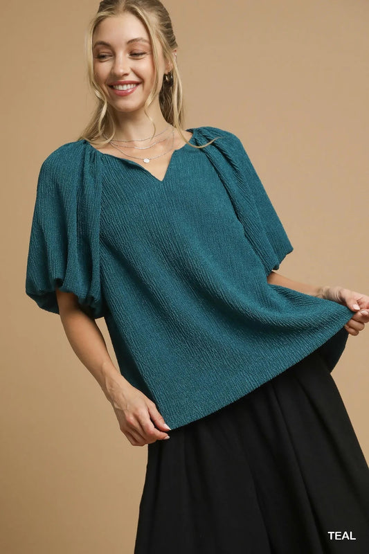 Umgee Textured Flutter Sleeve Notch Neck Top - Jennie Dots