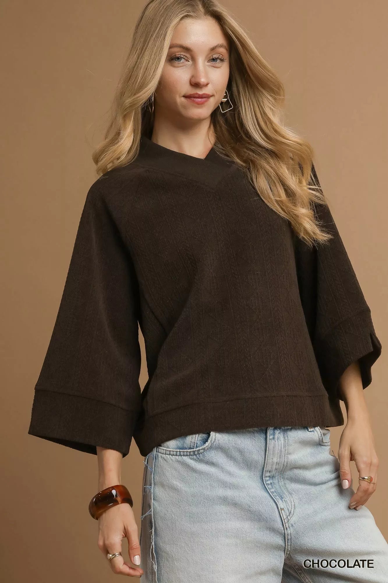 Umgee Textured Knit V - Neck Top - Jennie Dots