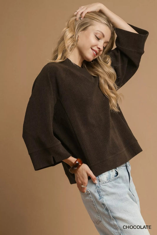 Umgee Textured Knit V - Neck Top - Jennie Dots