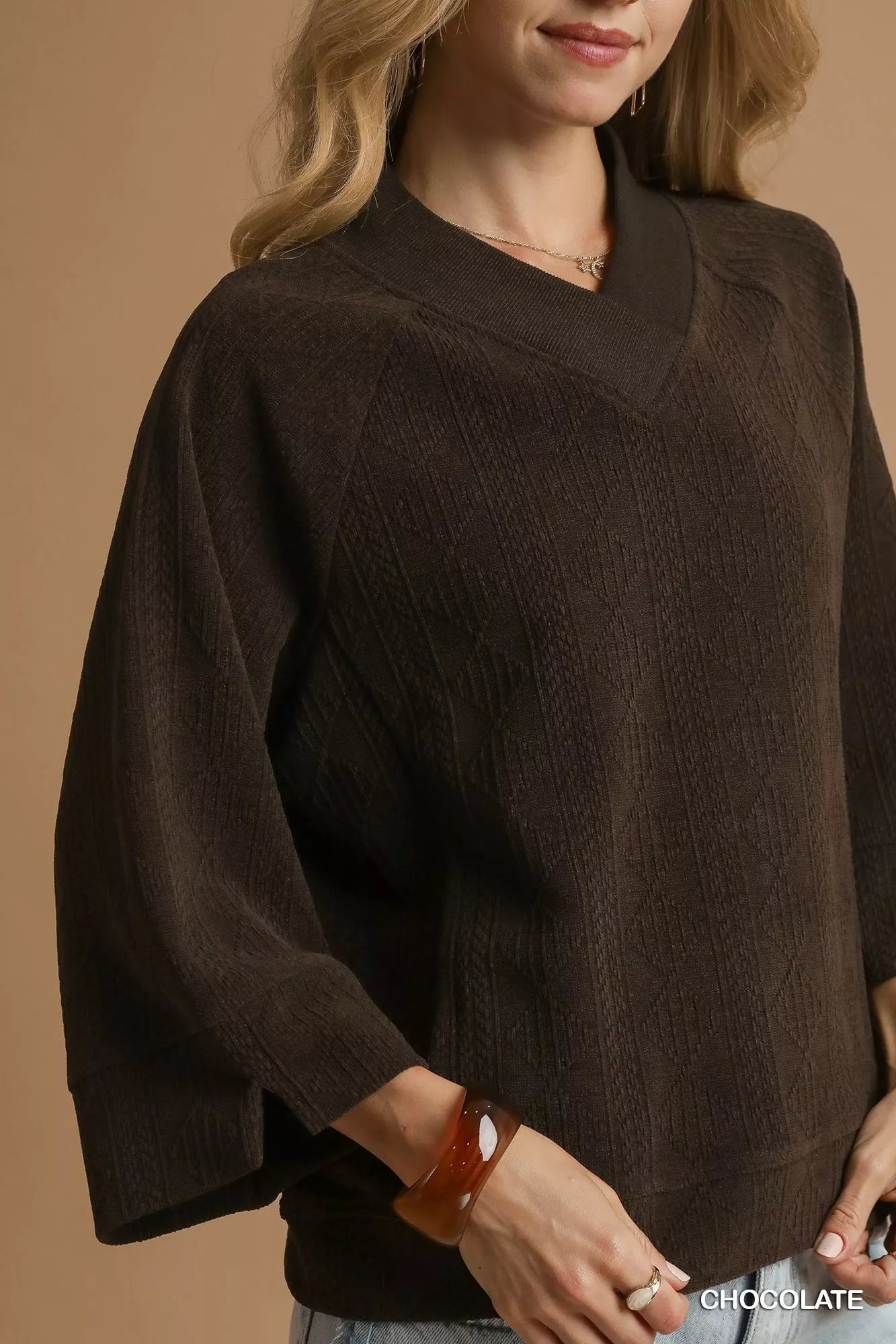 Umgee Textured Knit V - Neck Top - Jennie Dots
