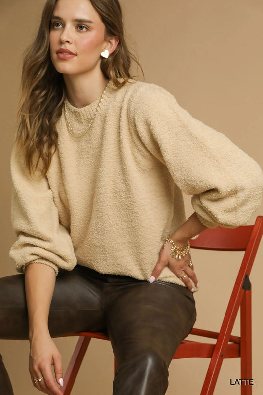 Umgee Textured Long Sleeve Sweater with Ribbed Trim - Jennie Dots