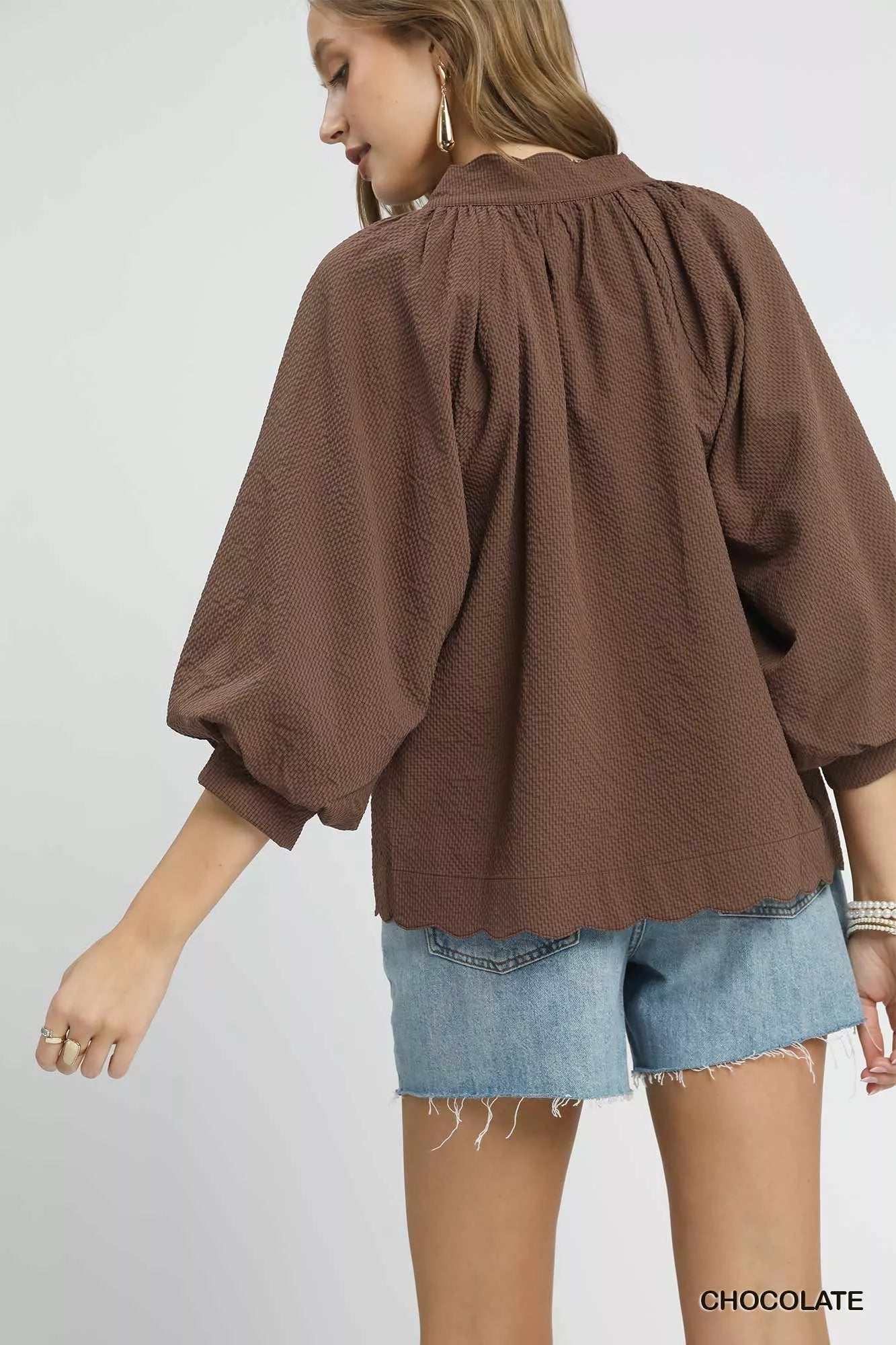 Umgee Textured Notched Balloon Sleeve Blouse - Jennie Dots
