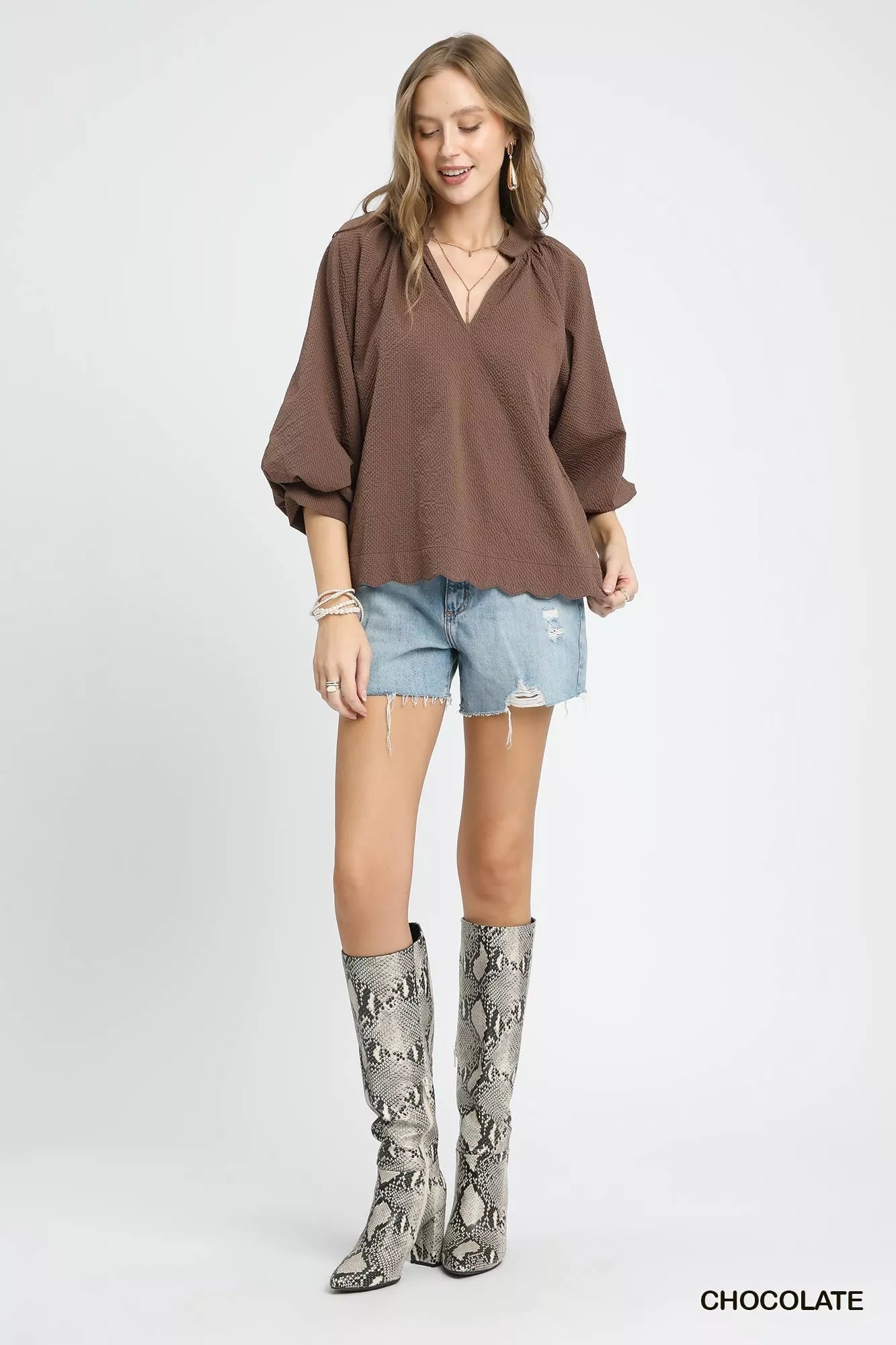 Umgee Textured Notched Balloon Sleeve Blouse - Jennie Dots