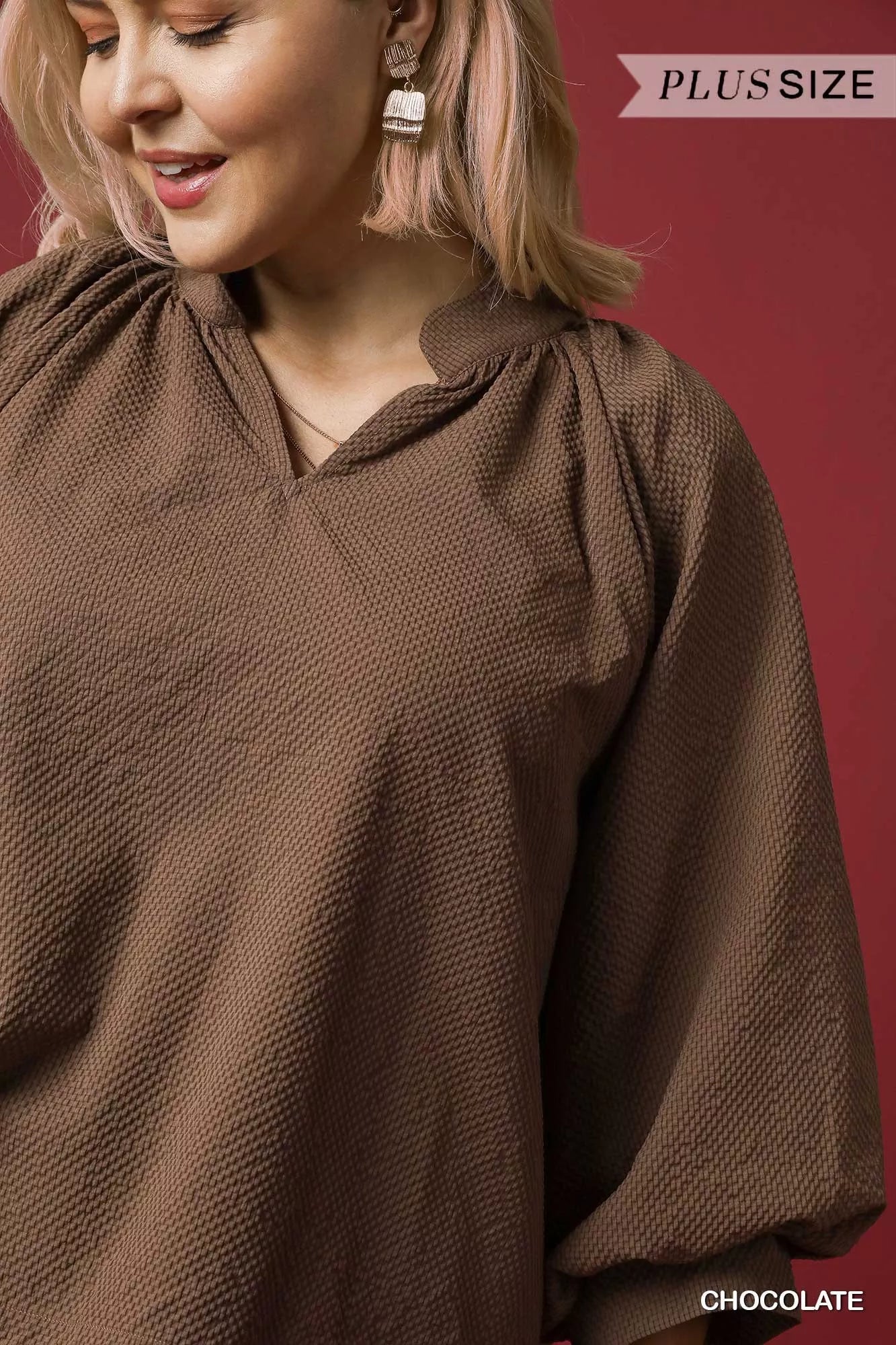 Umgee Textured Notched Balloon Sleeve Blouse - Jennie Dots