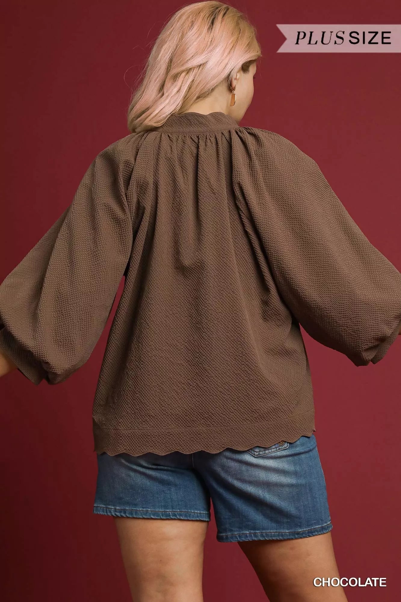 Umgee Textured Notched Balloon Sleeve Blouse - Jennie Dots
