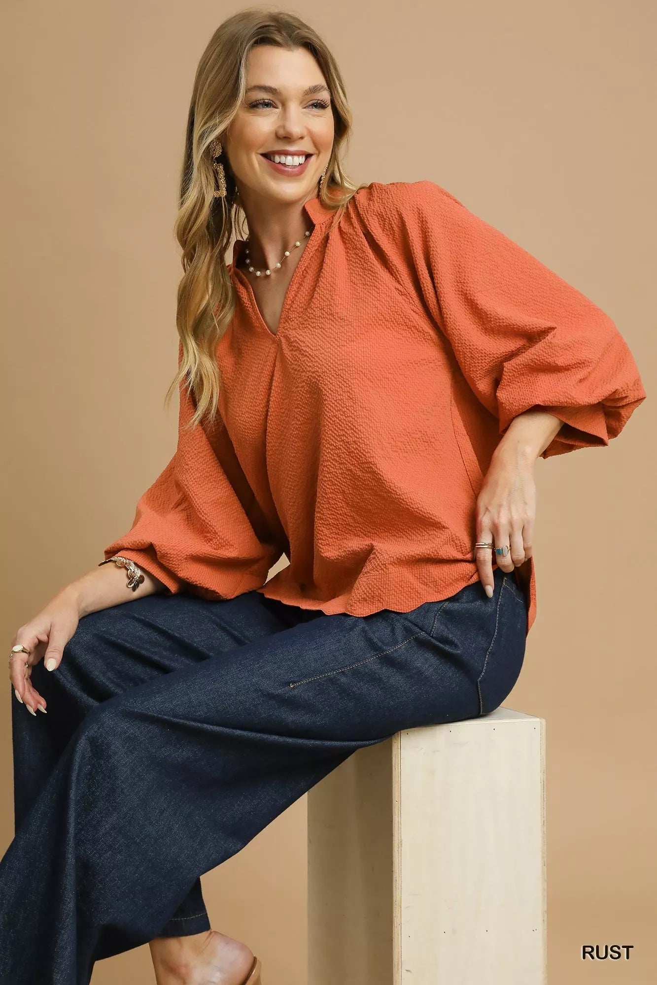 Umgee Textured Notched Balloon Sleeve Blouse with Scalloped Hem - Jennie Dots