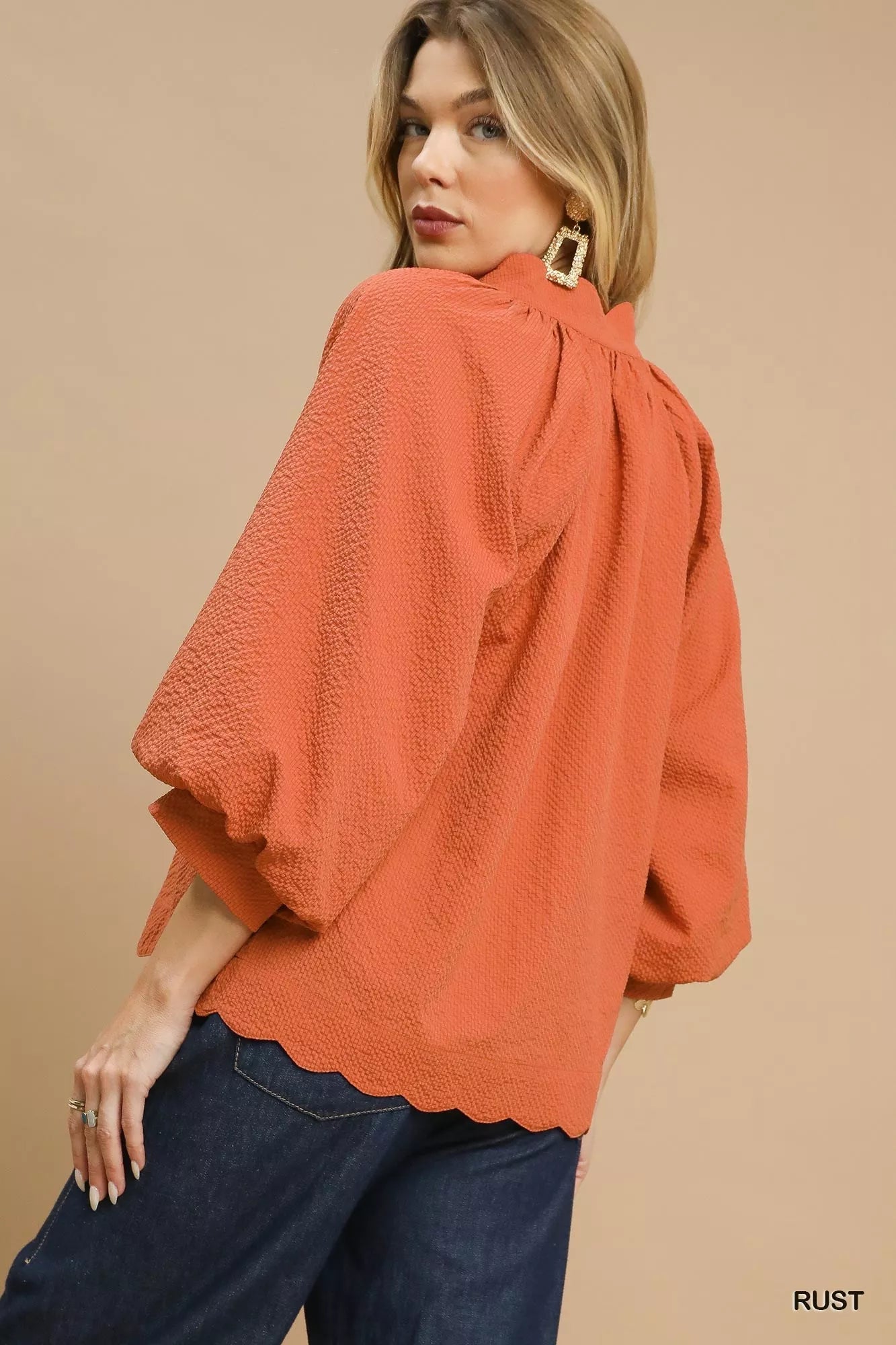 Umgee Textured Notched Balloon Sleeve Blouse with Scalloped Hem - Jennie Dots