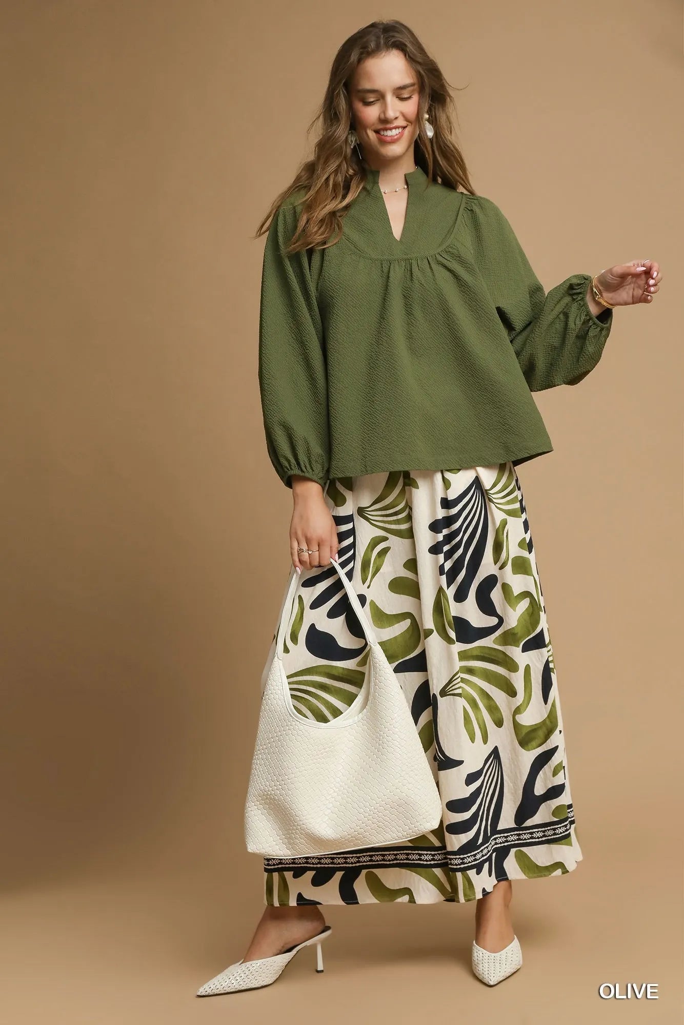Umgee Textured Notched Blouse with Balloon Sleeves - Jennie Dots