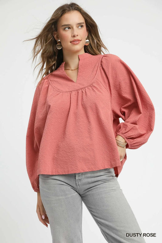 Umgee Textured Notched Blouse with Balloon Sleeves - Jennie Dots