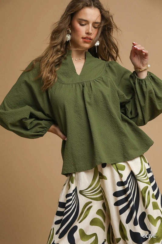 Umgee Textured Notched Blouse with Balloon Sleeves - Jennie Dots