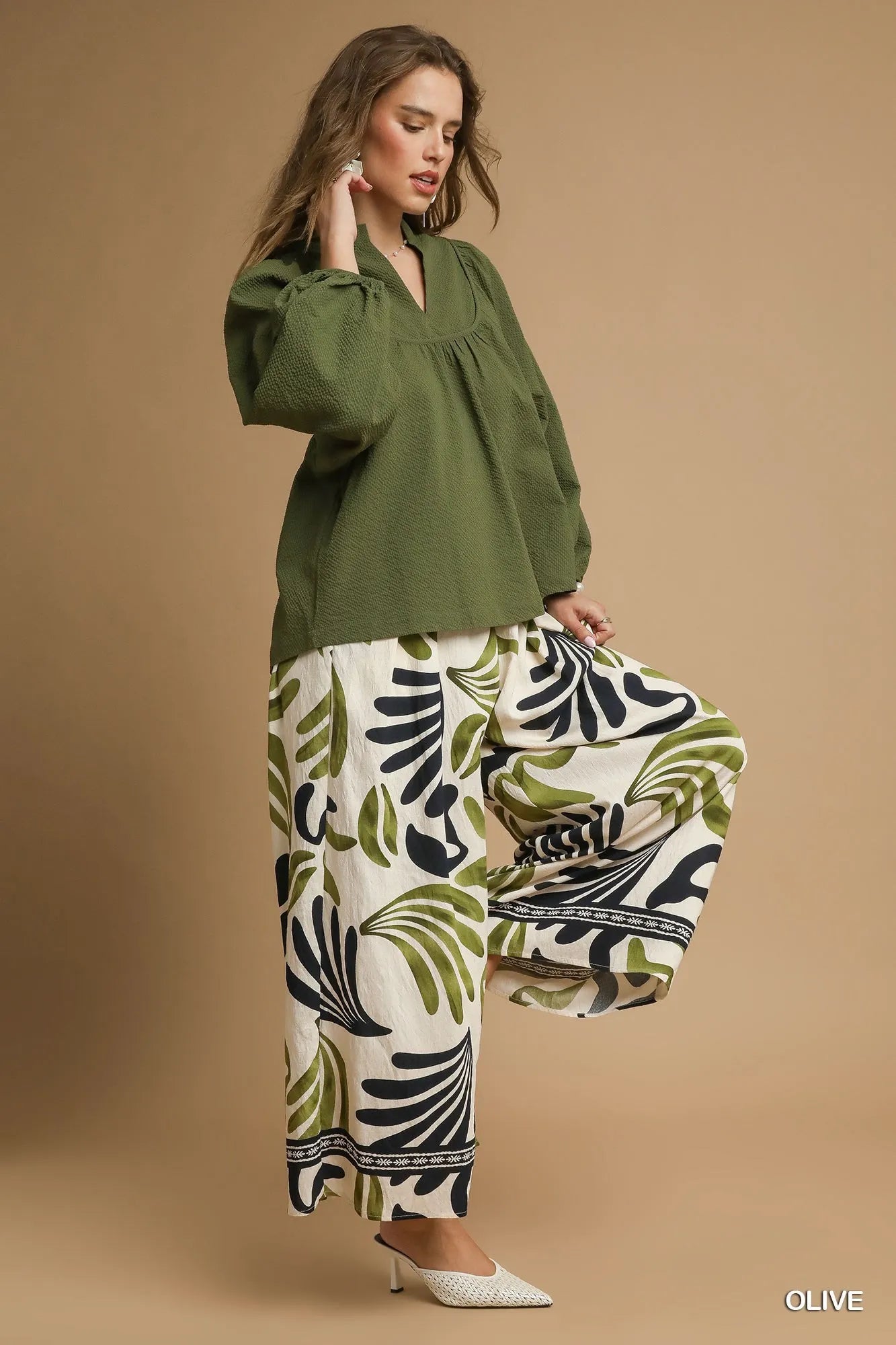 Umgee Textured Notched Blouse with Balloon Sleeves - Jennie Dots