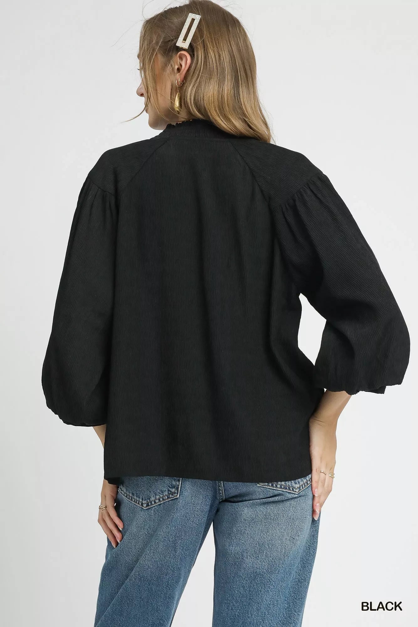 Umgee Textured V - Neck Blouse with Balloon Sleeves - Jennie Dots