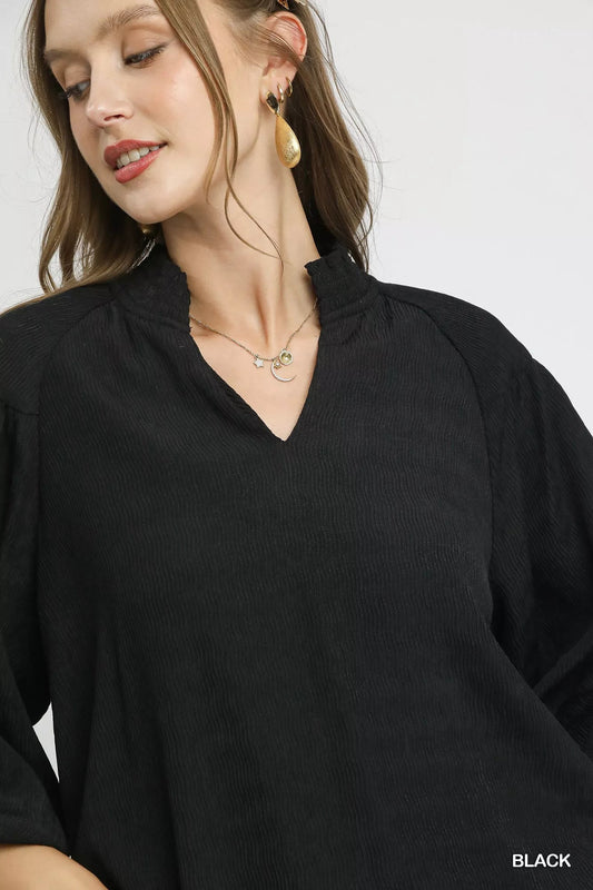 Umgee Textured V - Neck Blouse with Balloon Sleeves - Jennie Dots