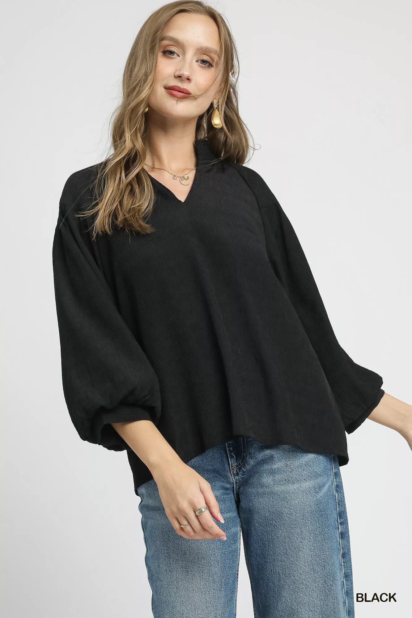 Umgee Textured V - Neck Blouse with Balloon Sleeves - Jennie Dots