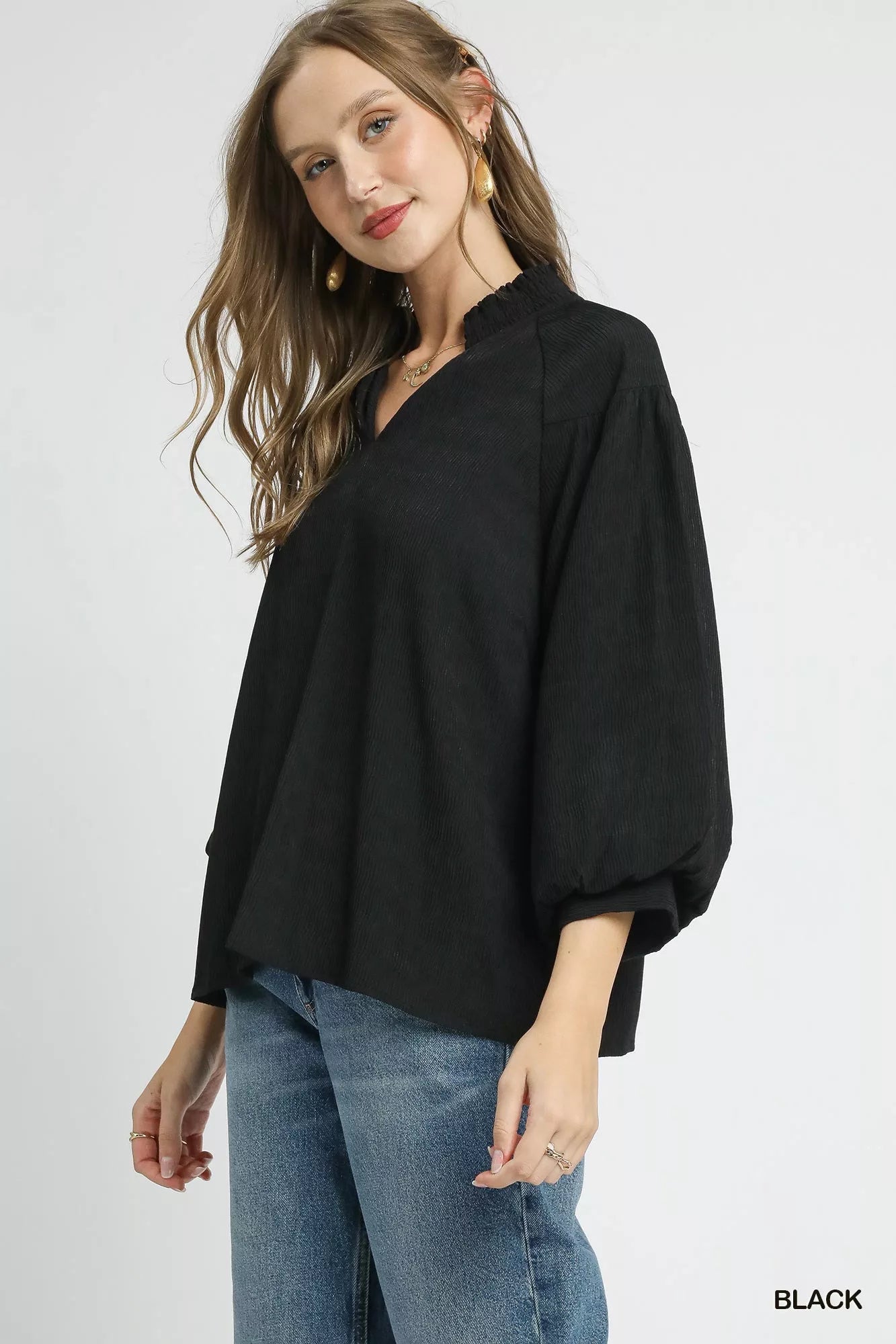 Umgee Textured V - Neck Blouse with Balloon Sleeves - Jennie Dots