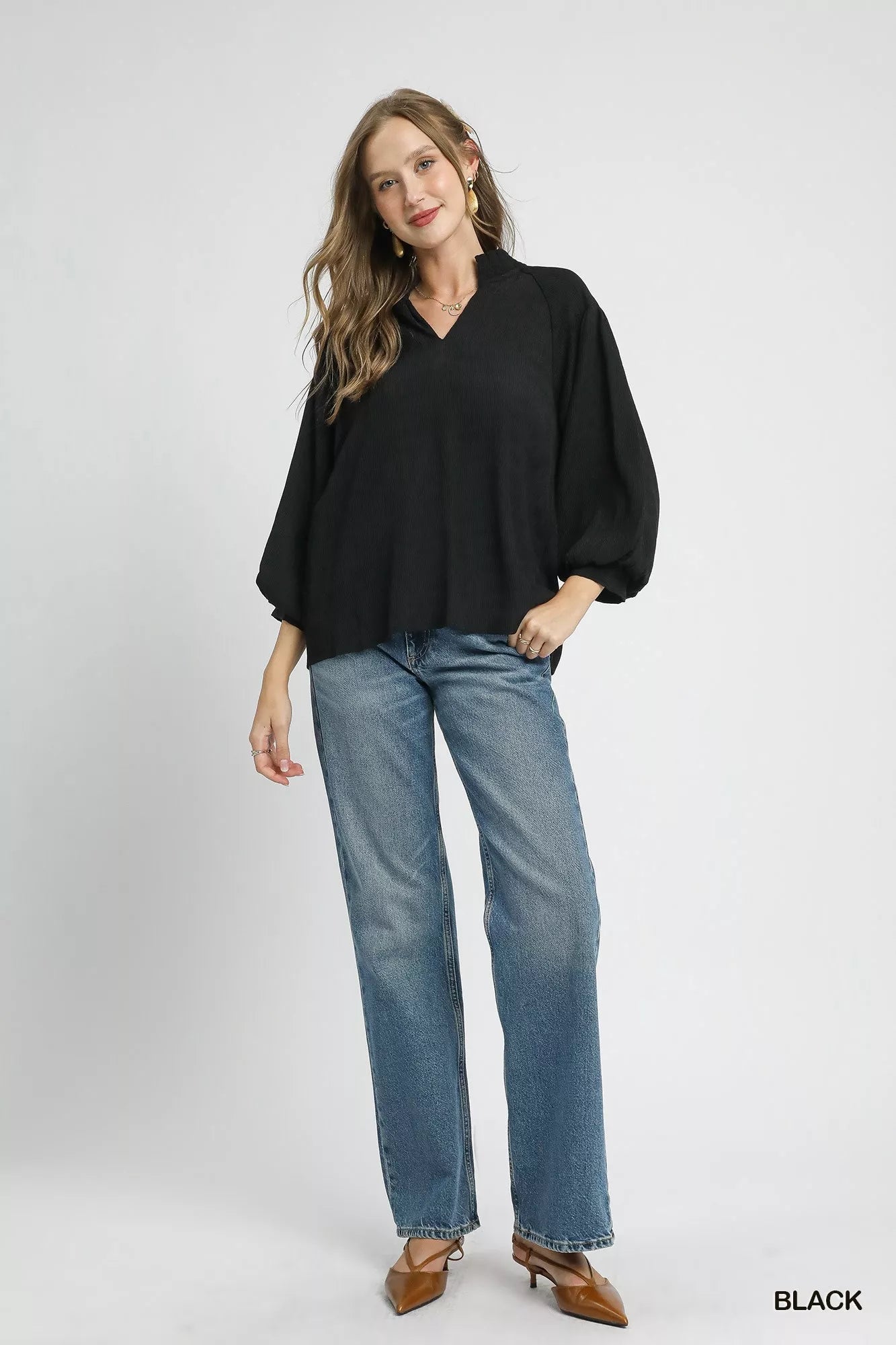 Umgee Textured V - Neck Blouse with Balloon Sleeves - Jennie Dots