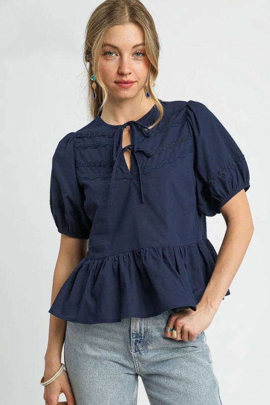 Umgee Tie Front Puff Sleeve Blouse - Jennie Dots