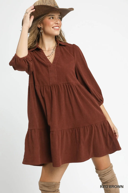 Umgee Tiered Corduroy Mini Dress with Balloon Sleeves - Jennie Dots