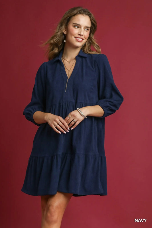 Umgee Tiered Corduroy Mini Dress with Balloon Sleeves - Jennie Dots