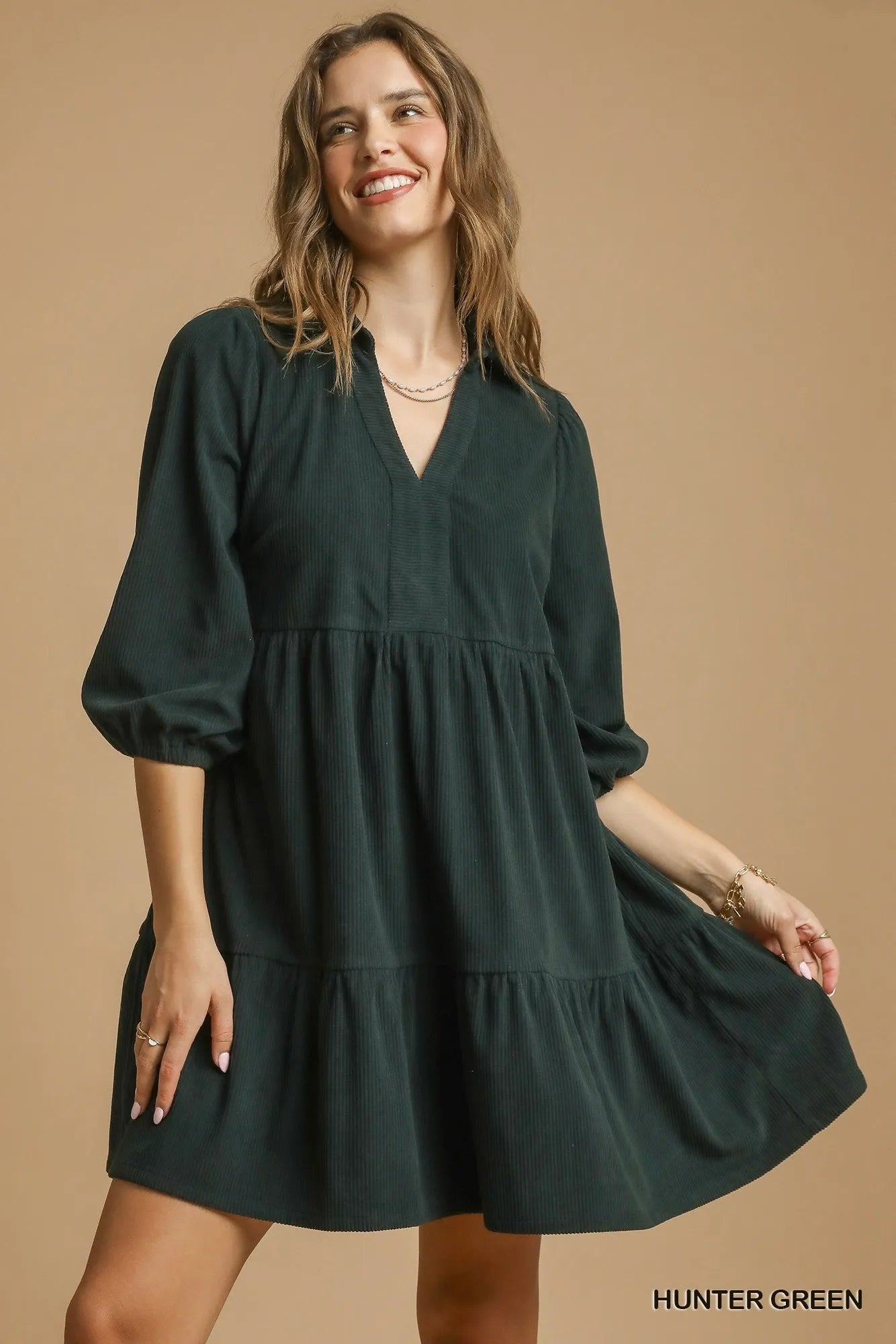 Umgee Tiered Johnny Collar Balloon Sleeve Dress - Jennie Dots