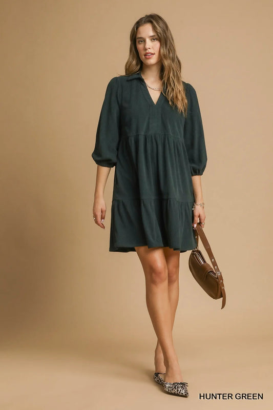 Umgee Tiered Johnny Collar Balloon Sleeve Dress - Jennie Dots