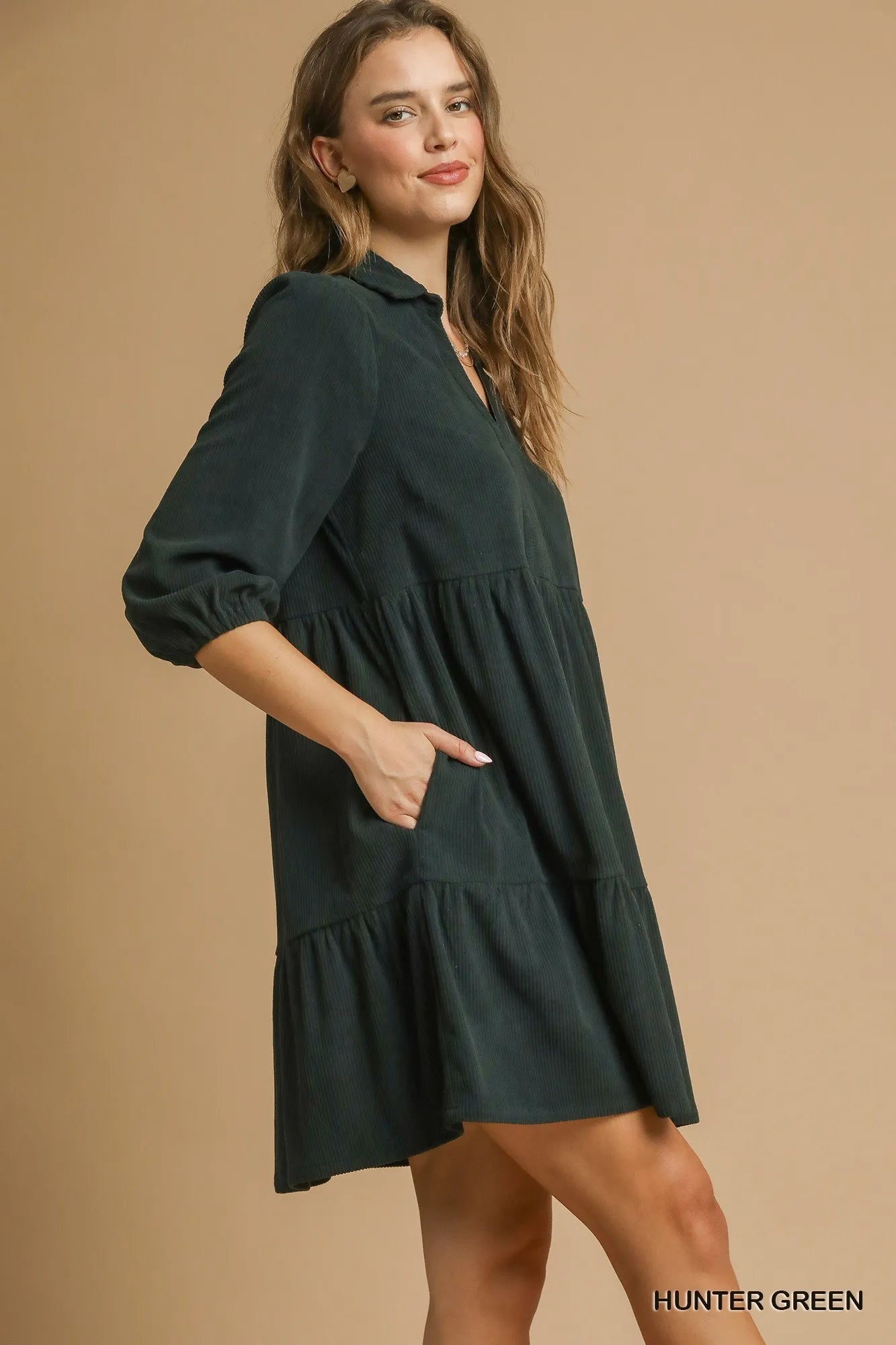 Umgee Tiered Johnny Collar Balloon Sleeve Dress - Jennie Dots