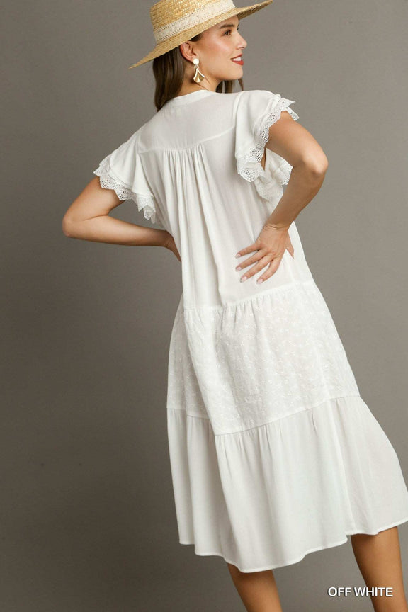 Umgee Dress - Tiered Split Neck Midi Eyelet Details Summer Dress Large Umgee Dress - Tiered Split Neck Midi Eyelet Details Summer Dress Large