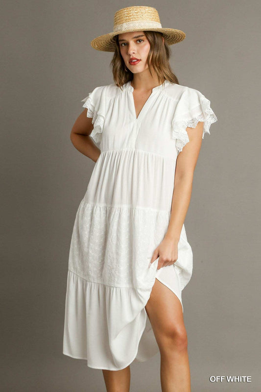 Umgee Tiered Split Neck Midi Dress - Jennie Dots
